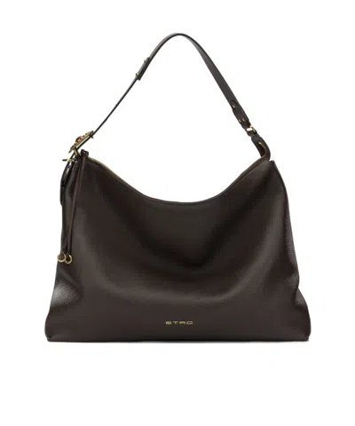 Etro Logo-lettering Grained-leather Shoulder Bag In Brown