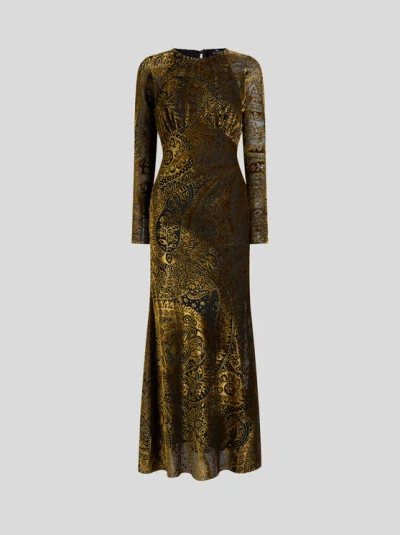 ETRO , LONG BURNOUT VELVET DRESS WITH FLORAL PAISLEY MOTIF, WOMAN, GOLD, SIZE 42