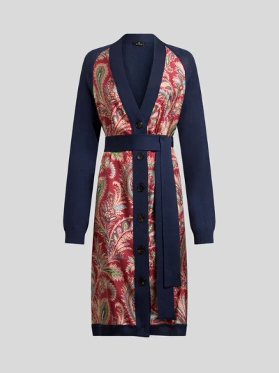 Etro , Long Cardigan With Printed Insert, Woman, Blue, Size 46