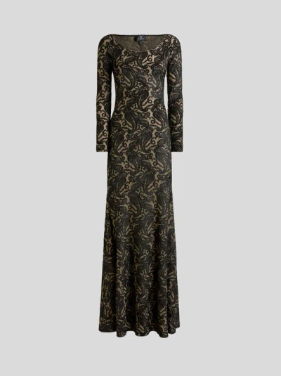 ETRO , LONG CHENILLE JACQUARD DRESS WITH LUREX AND PAISLEY MOTIF, WOMAN, BLACK, SIZE 48