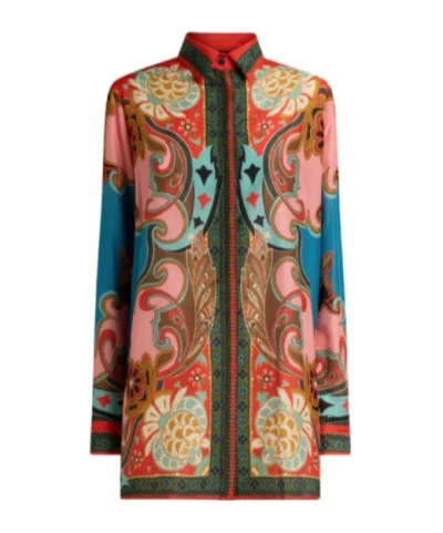 Etro Long Cotton And Silk Shirt With Placed Print In Multi