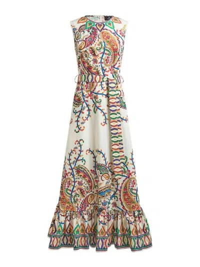 Etro Long Cotton Dress With Placed Floral Paisley Print In Multi