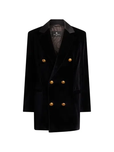 Etro Long Double-breasted Stretch Cotton Velvet Jacket In Black