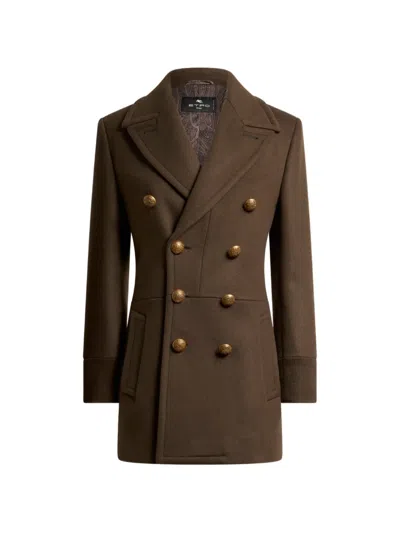 Etro Long Double-breasted Wool-blend Cloth Jacket In Brown