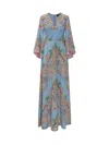 Etro Multicolor Long Dress With All-over Paisley Print And V-neck In Silk Woman In Blue