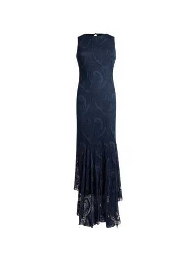 Etro Long Dress In Cotton-blend Burnout Jersey With Paisley Motif In Blue