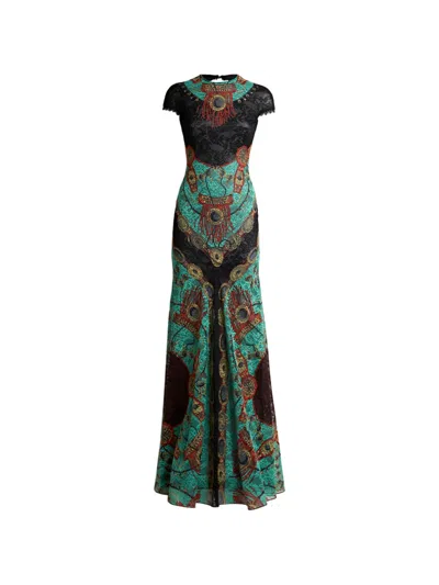 Etro Long Dress In Jersey With Lace And Placed Jewellery Print In Multi