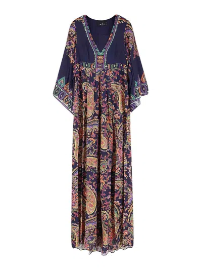 Etro Long Dress In Multicolored Viscose In Blue