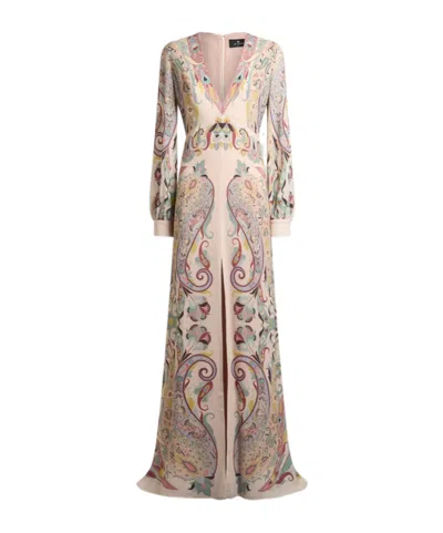 Etro , Long Dress In Printed Stretch Sable, Woman, Powder Pink, Size 46 In Neutral