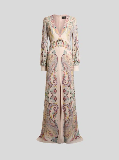 ETRO , LONG DRESS IN PRINTED STRETCH SABLE, WOMAN, POWDER PINK, SIZE 46