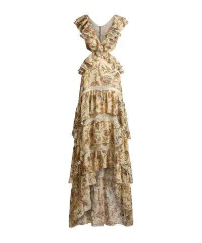 Etro Long Dress In Silk Dotted Swiss With Ruffles And Floral Motif In Brown