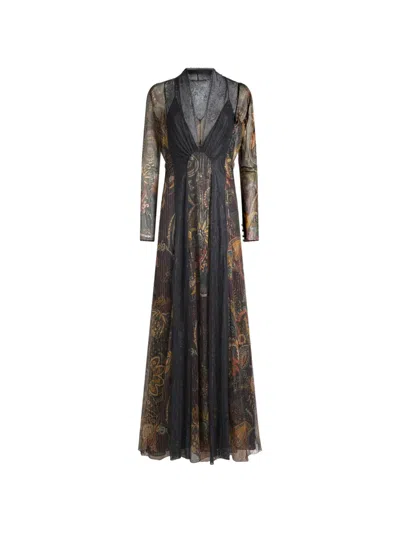 Etro Long Dress In Silk With Lace And Floral Motif In Black
