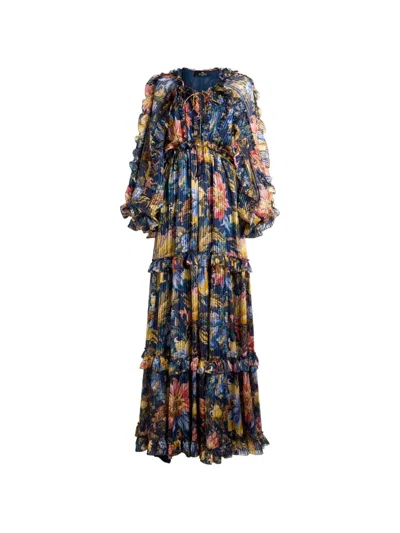 Etro Long Dress In Silk With Ruffles And Floral Motif In Blue