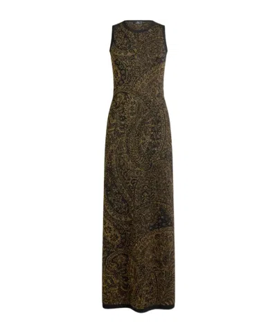 Etro Long Dress In Wool-blend Jacquard With Metallic Paisley Motif In Black