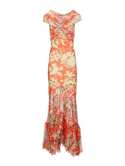 Etro Long Dress With Bardot Neckline And Print In Red