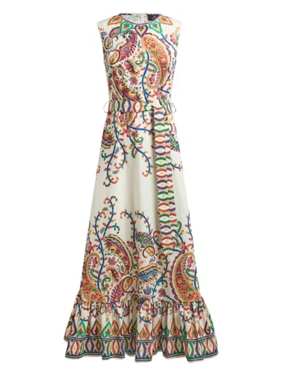 Etro Long Cotton Dress With Placed Floral Paisley Print In Multi