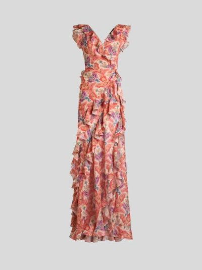 ETRO , LONG DRESS WITH RUFFLES AND CUT-OUT, WOMAN, ORANGE, SIZE 46