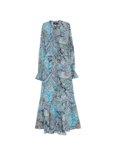 Etro Long Dress With Ruffles And Paisley Pattern In Blue