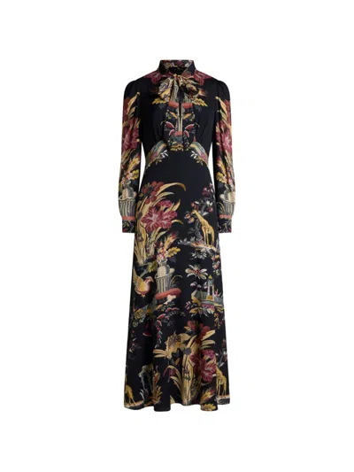 Etro Long Dress With Silk Scarf And Placed Flower And Animal Print In Black