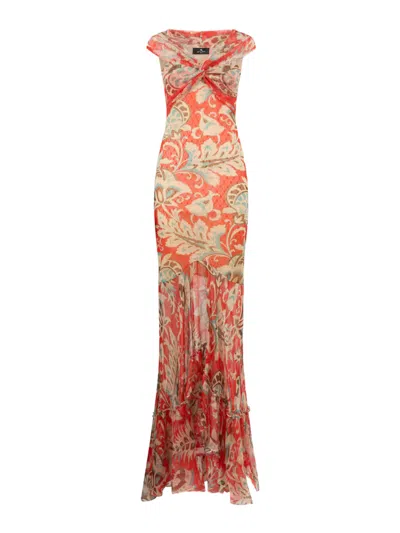 Etro Long Dress With V-neck And Ruffles In Orange