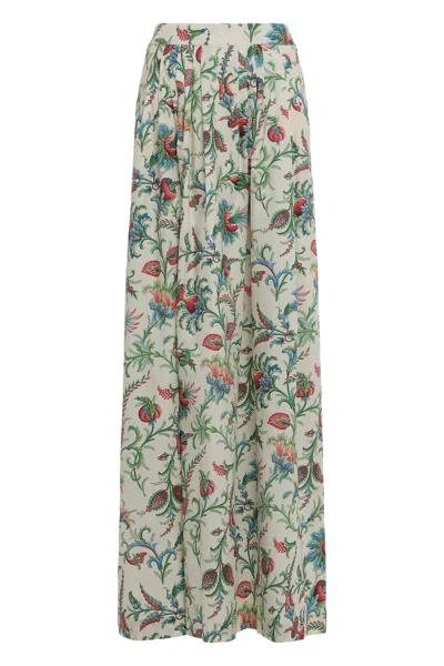 Etro Long Floral Printed Cotton Skirt In Green