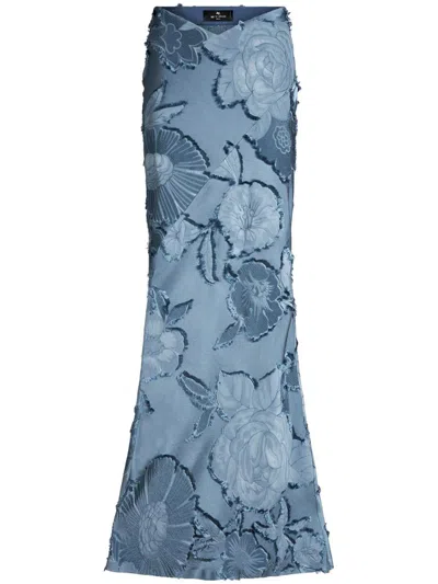 Etro Satin Jacquard Long Skirt In Blue
