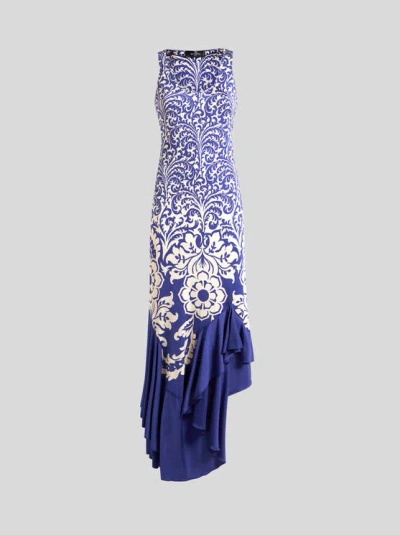 ETRO , LONG JERSEY DRESS WITH FLOUNCE AND PRINT, WOMAN, ELECTRIC BLUE, SIZE 46