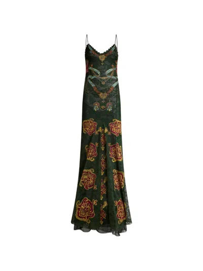 Etro Long Jersey Dress With Lace And Two Placed Prints In Multi