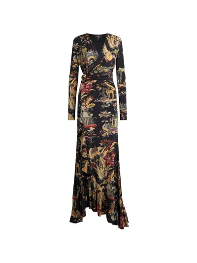 Etro Long Jersey Wrap Dress With Flower And Animal Motif In Multi