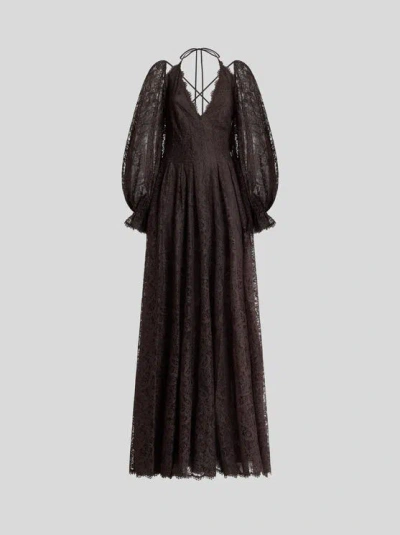 Etro Long Lace Dress With Paisley Motif In Brown