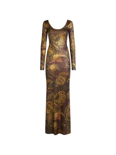 Etro Long Metallic Jersey Dress With Floral Motif In Multi