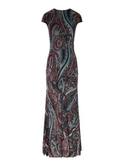 Etro Long Paisley Print Dress With Short Sleeves In Black