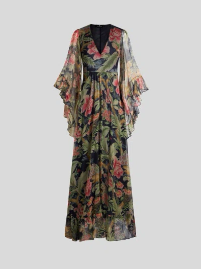 Etro , Long Printed Silk Dress, Woman, Navy Blue, Size 38