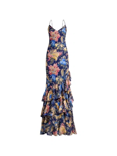 Etro Long Seersucker Dress With Ruffles And Floral Motif In Multi
