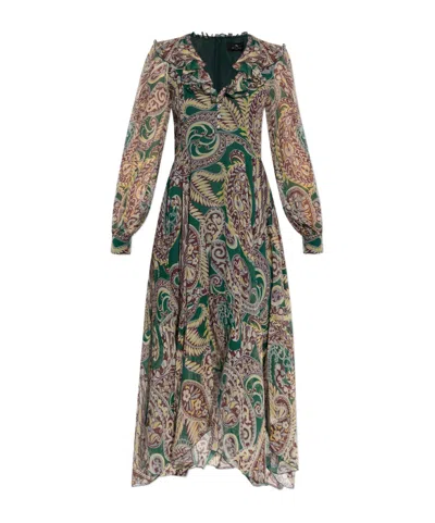 Etro Long Silk Crepon Dress With Paisley Motif In Multi