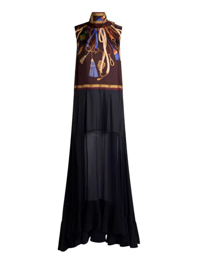 Etro Long Silk Dress With A See-through Skirt And Placement Print In Multi