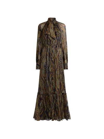 Etro Long Silk Dress With Bow And Paisley Motif In Multi
