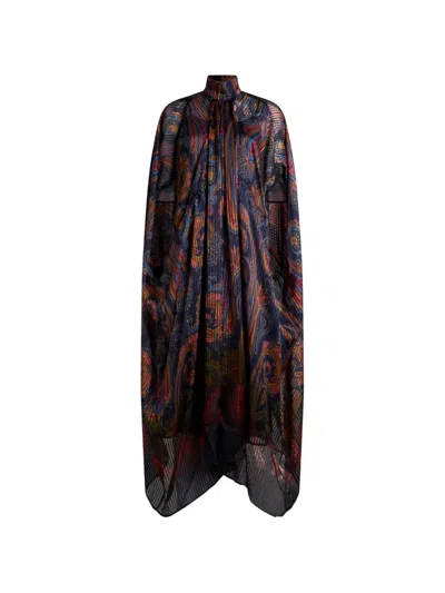 Etro , Long Silk Dress With Cape And Degradé Paisley Motif, Woman, Blue, Size 50 In Multi