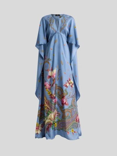 Etro , Long Silk Dress With Cape And Placed Floral Paisley Print, Woman, Light Blue, Size 36