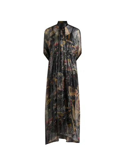 Etro Long Silk Dress With Cape Detail And Flower And Animal Motif In Black