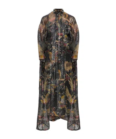 Etro Long Silk Dress With Cape Detail And Flower And Animal Motif In Multi