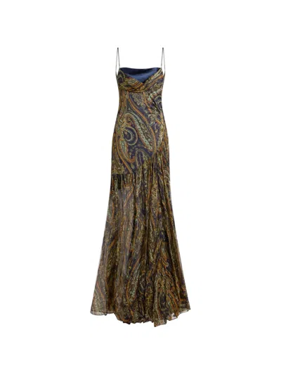 Etro Long Silk Dress With Draping And Paisley Motif In Multi