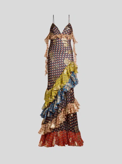 Etro Long Dress With Ruffles And A V-neck In Multi