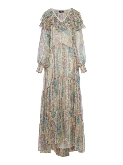 Etro Long Silk Dress With Floral Paisley Pattern In Multi