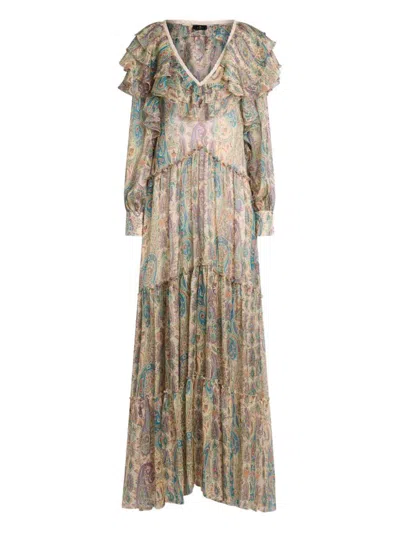 Etro Long Silk Dress With Paisley Print And Ruffled Details In Multi