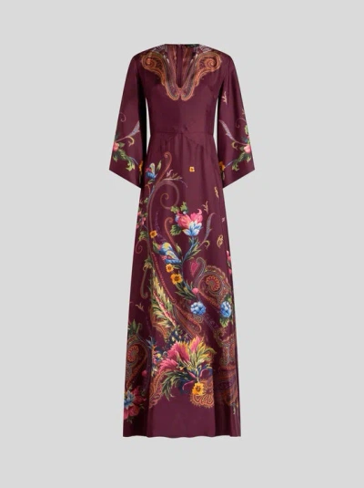 Etro , Langes Kleid Aus Seide Mit Platziertem, Floralem Paisley-print, Damen, Rot, Grösse 36 In Multi