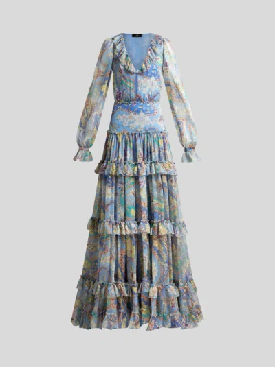 Etro Silk Ruffle-detail Floral Gown In Blue