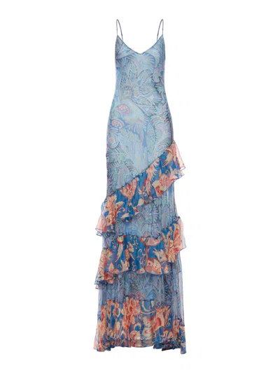 Etro Women Long Silk Dress With Ruffles And Floral Pattern In Blue