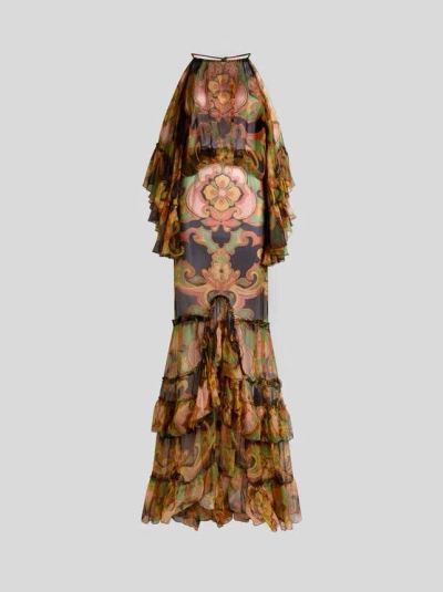 Etro , Long Silk Dress With Ruffles And Placed Floral Print, Woman, Multicolour, Size 48 In Brown