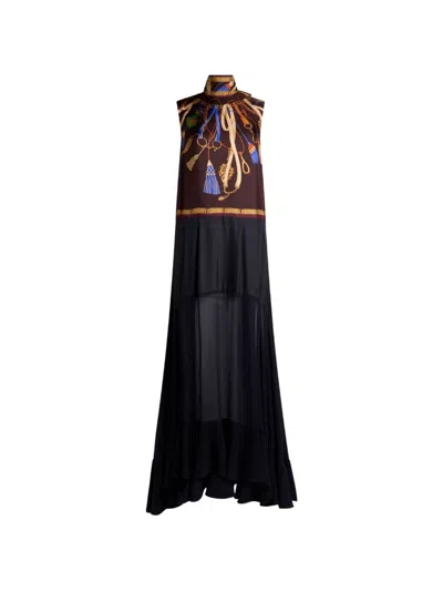 Etro Long Silk Dress With See-through Skirt And Placed Print In Blue